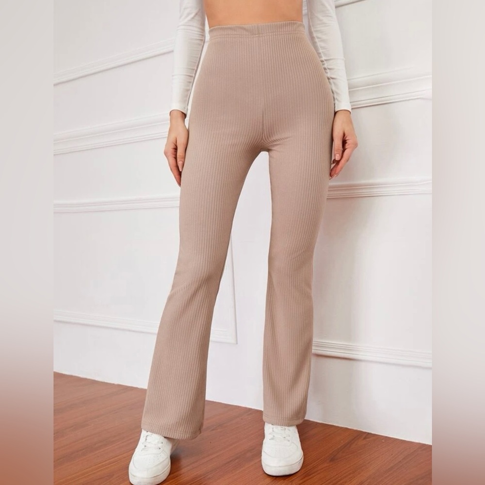High Waisted Ribbed Knit Flare Leg Pants